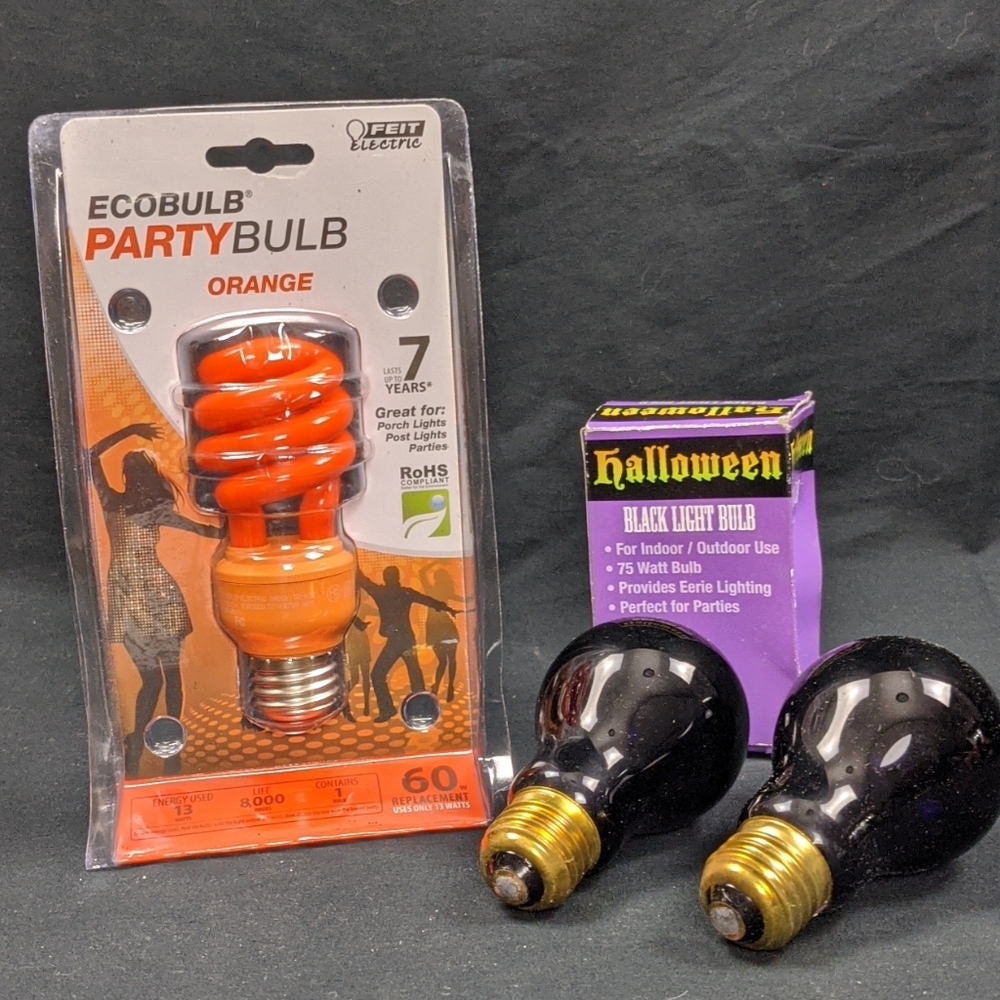 NEW ORANGE HALLOWEEN PARTY BULB & 3 BLK LIGHTS